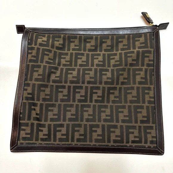 Fendi Brown Zucca Canvas Toiletry Pouch with Leather Trim - Picture 2 of 4
